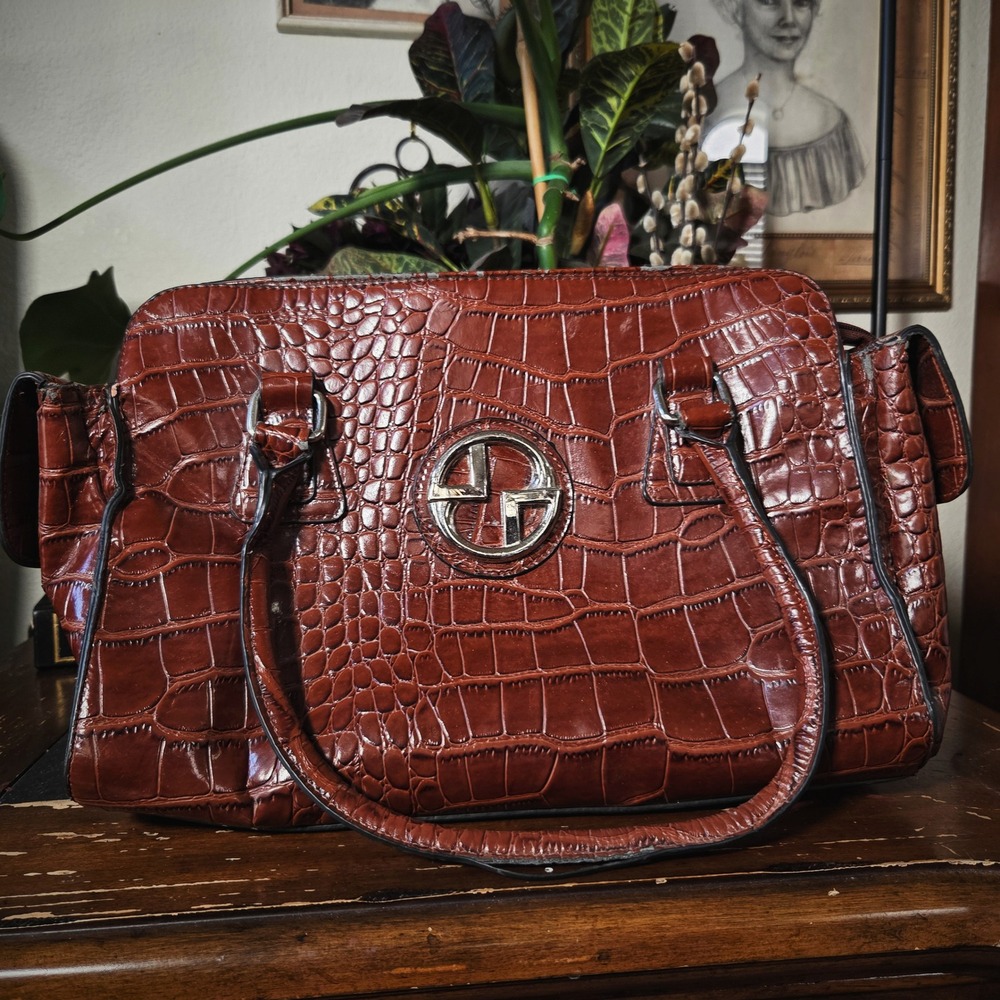 Handbag‎ Brown Faux Alligator Crocodile Print Satchel Shoulder Bag Large
